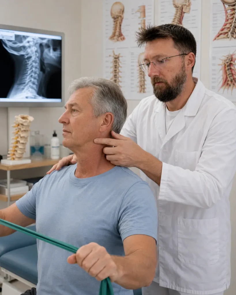 Terapeut în halat alb ghidează un bărbat de aproximativ 60 de ani într-un exercițiu de kinetoterapie cervicală cu bandă elastică, într-un cabinet medical modern cu radiografie cervicală și planșe anatomice în fundal.