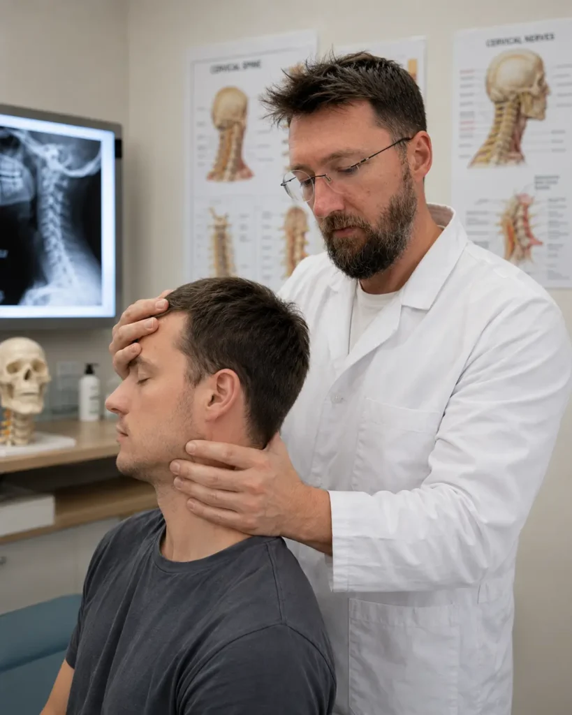 Terapeut în halat alb aplică o tehnică osteopatică blândă la nivel cervical unui pacient așezat pe masa de tratament, într-un cabinet medical cu radiografie cervicală și planșe anatomice.