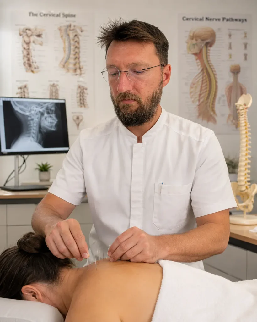 Terapeut în uniformă medicală aplică acupunctură în zona cervicală și partea superioară a spatelui unui pacient culcat pe burtă, într-un cabinet terapeutic modern cu radiografie cervicală și planșe anatomice.