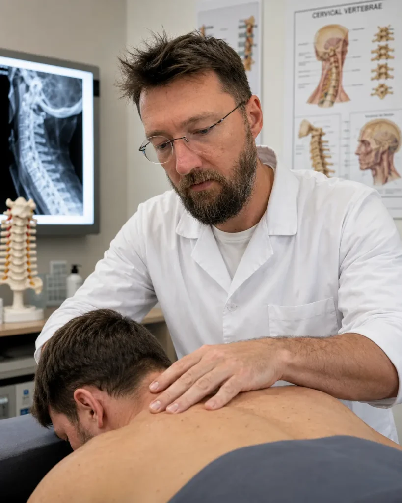 Terapeut în halat alb efectuează masaj terapeutic cervical unui pacient, într-un cabinet medical modern de recuperare, cu radiografie cervicală și planșe anatomice în fundal.